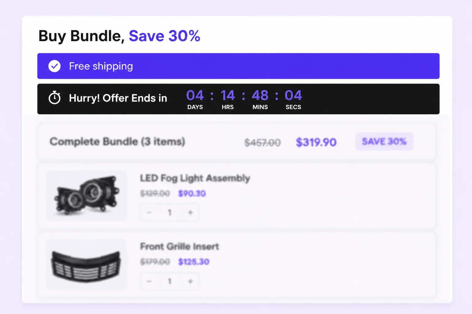 FOMO bar with free shipping and countdown timer on a bundle