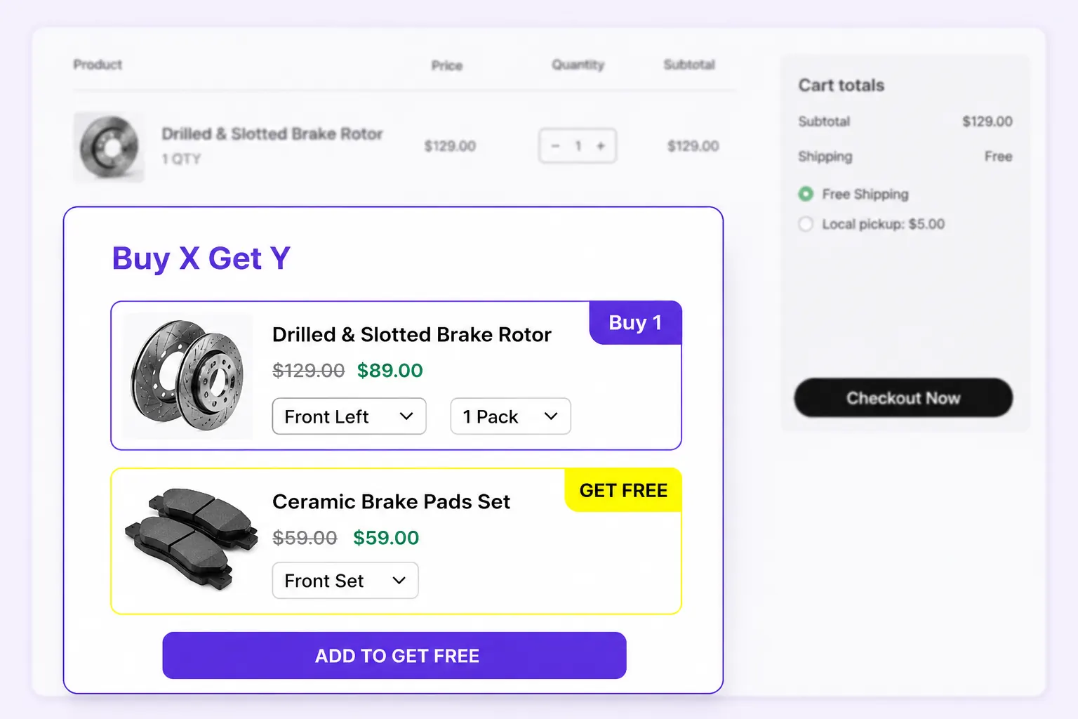 Cart page showing Buy X Get Y bundle builder upsell