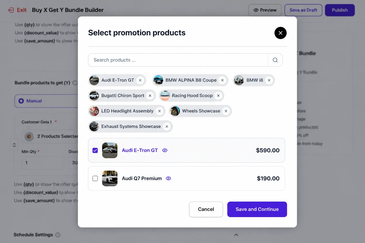 Select promotion products modal for the Get side of a bundle
