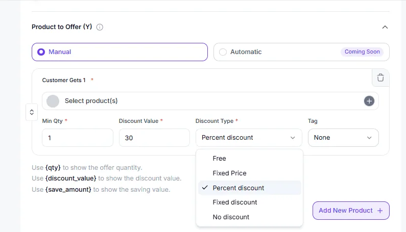 Discount type dropdown for Get-side products showing free and discount options