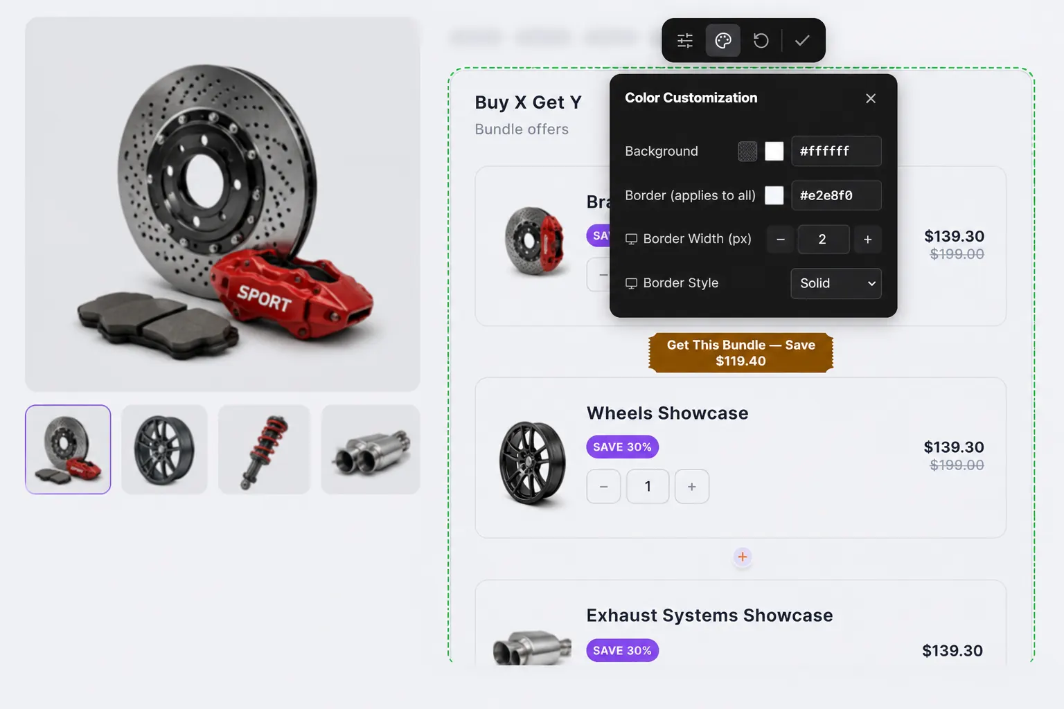 Color picker customizing the appearance of a Buy X Get Y campaign