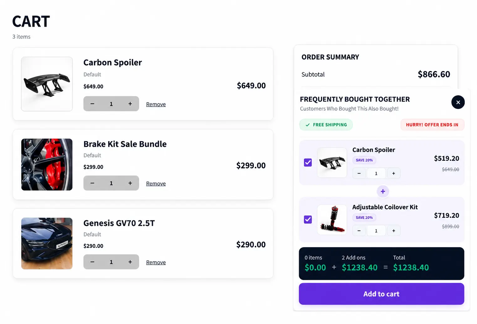 Cart page with Frequently Bought Together bundle suggestions