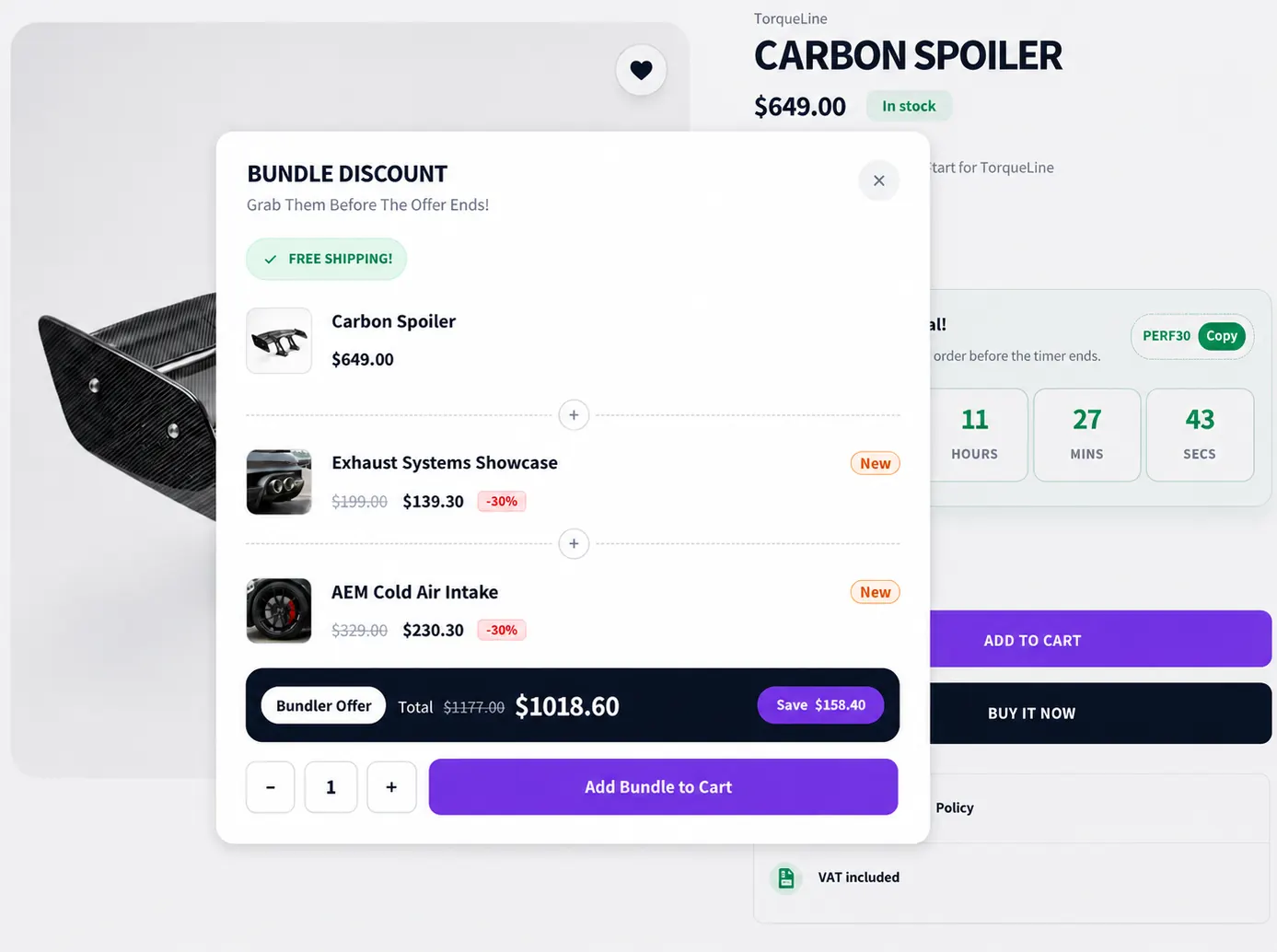 Product page bundle preview showing Buy Bundle Save 30% with countdown timer
