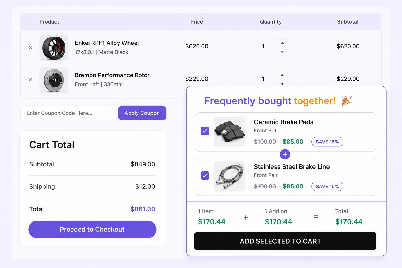 Cart page with frequently bought together suggestions