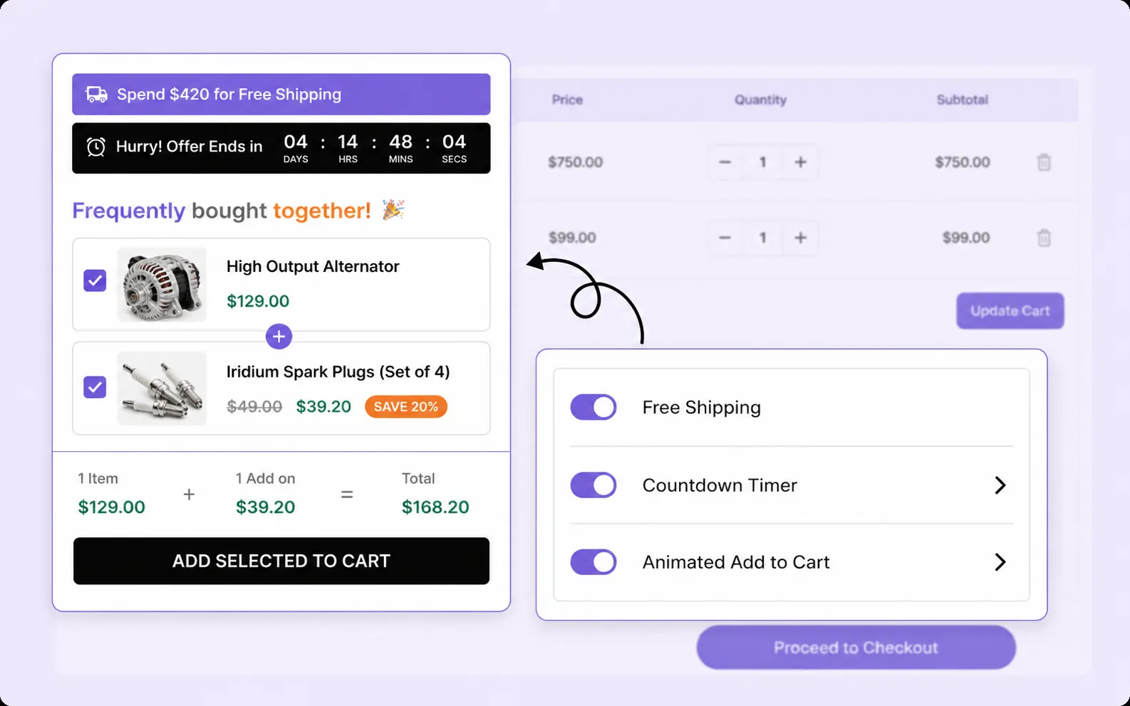 FOMO toggles for free shipping, countdown timer, and animated add to cart