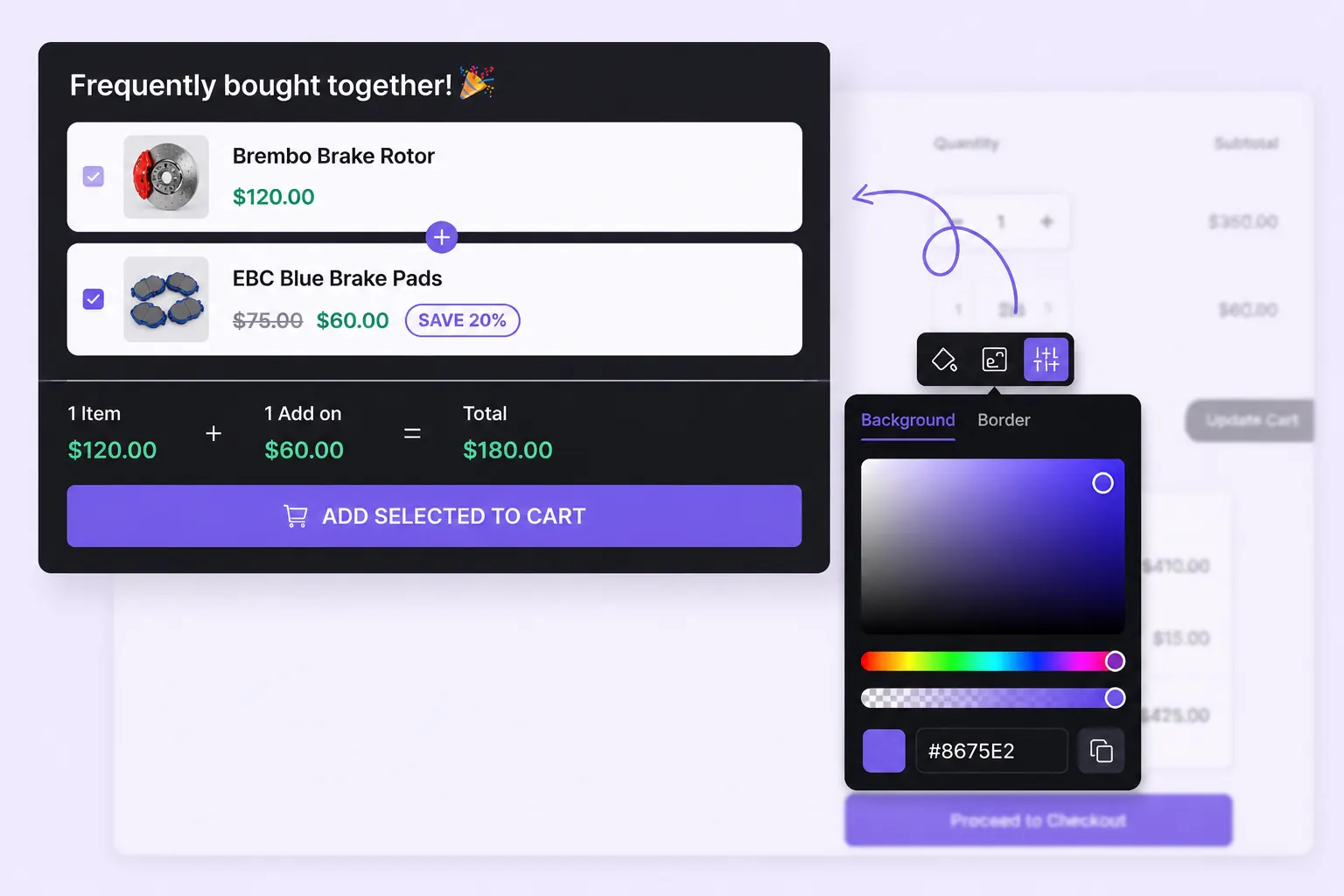 Color picker customizing the design of a frequently bought together widget