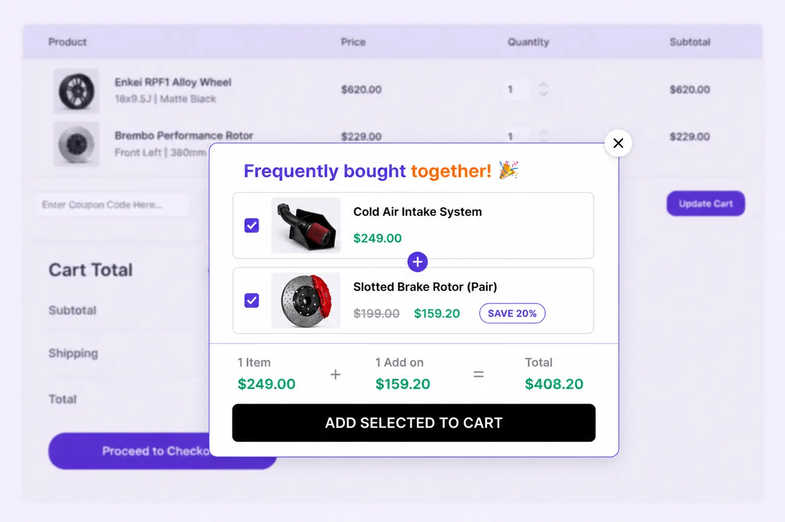 Popup Frequently Bought Together overlay on a Shopify storefront