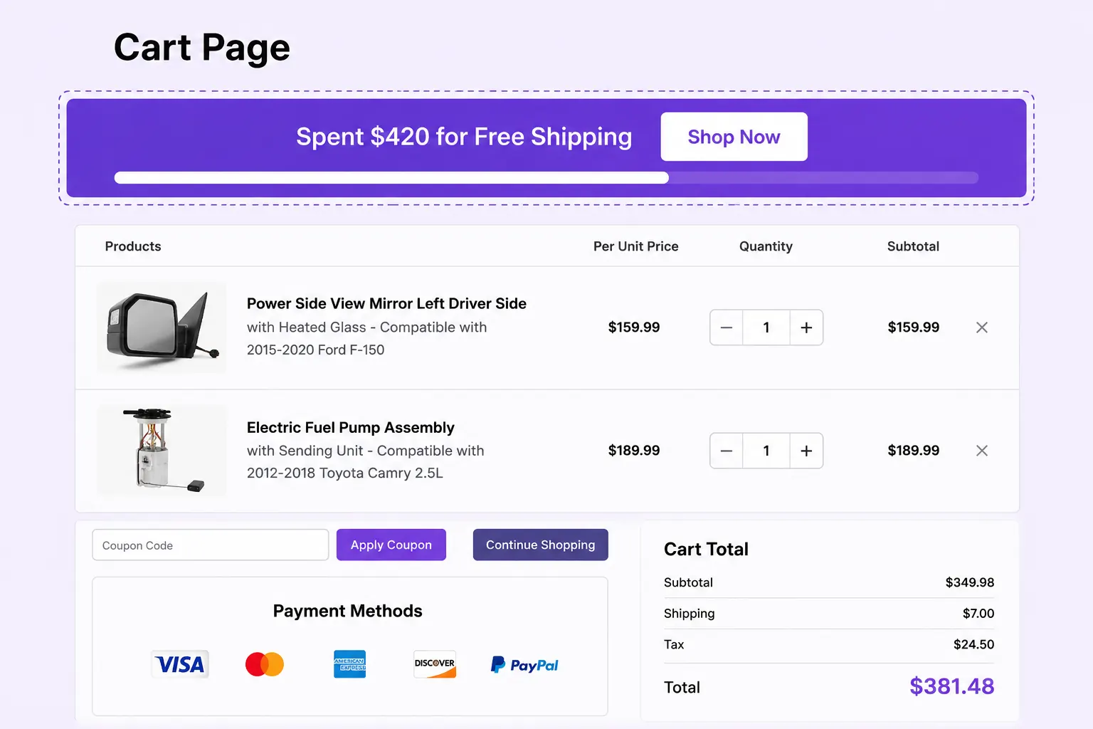 Free shipping progress on cart page