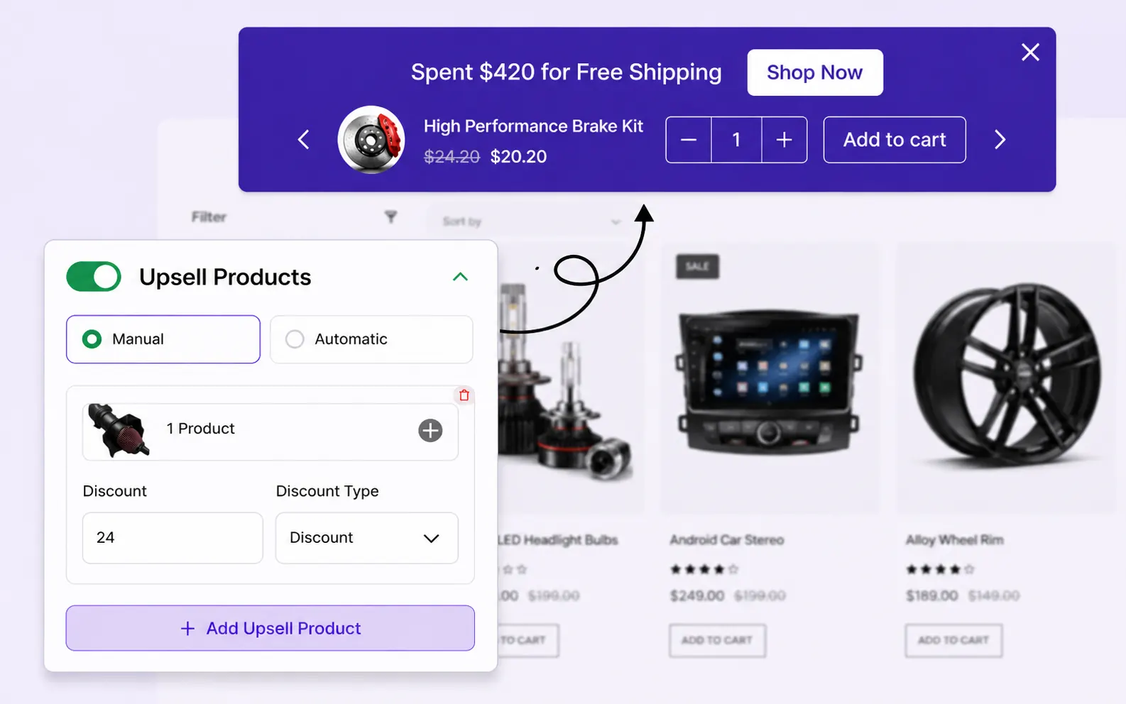 Upsell products with discounts on the free shipping bar
