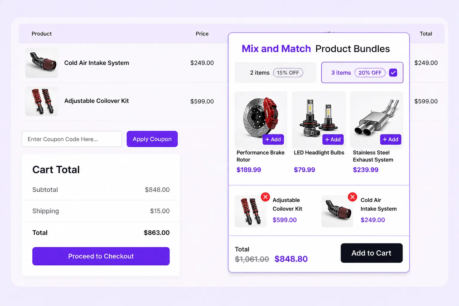 Cart page with mix and match bundle suggestions