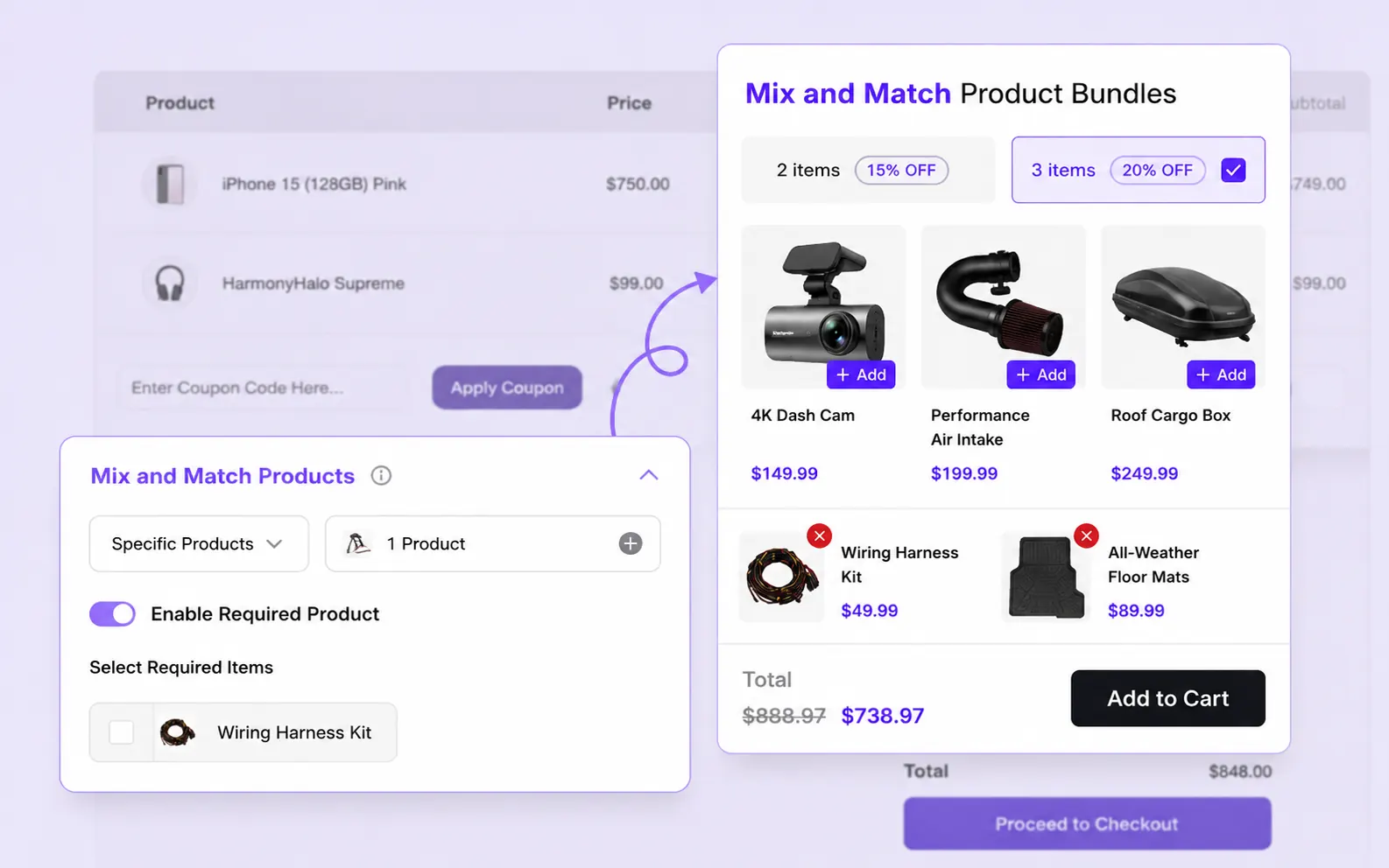Pre-selected items in mix and match bundle