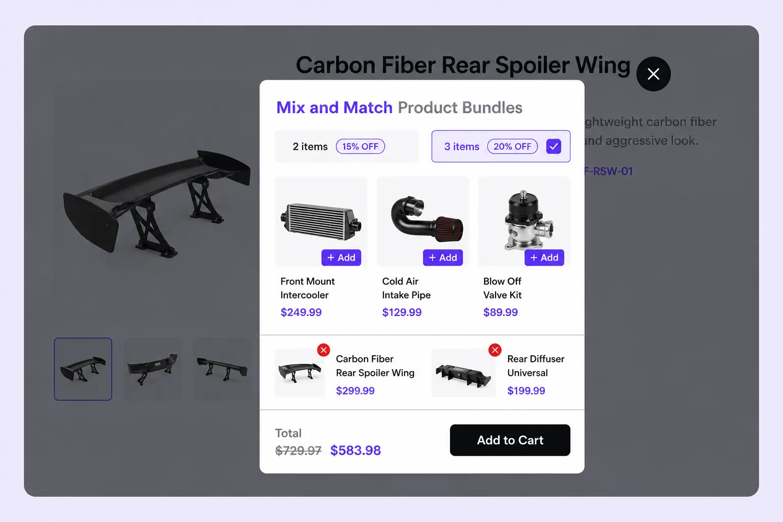 Mix and match bundle displayed as popup
