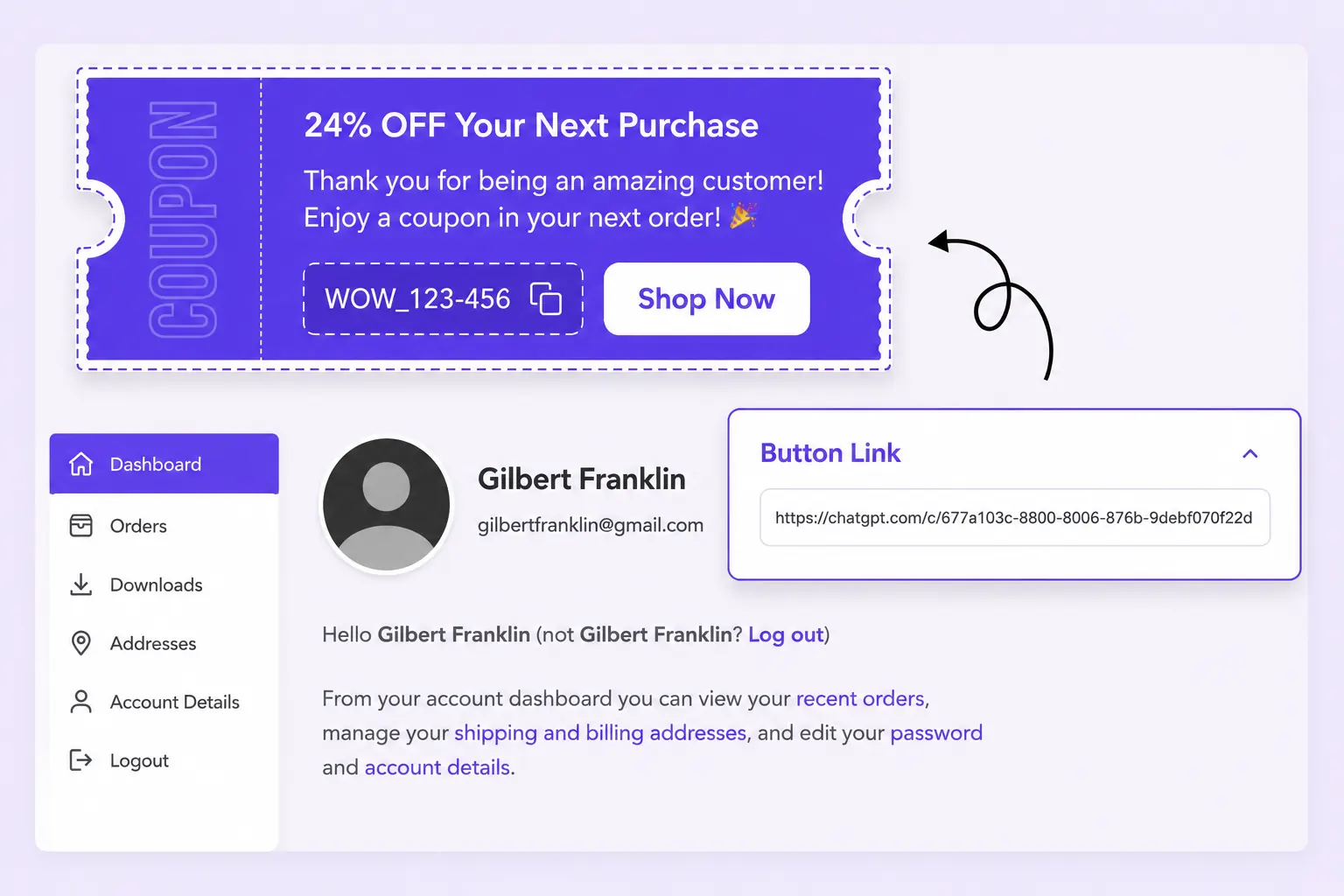 Call-to-action button on next-order coupon