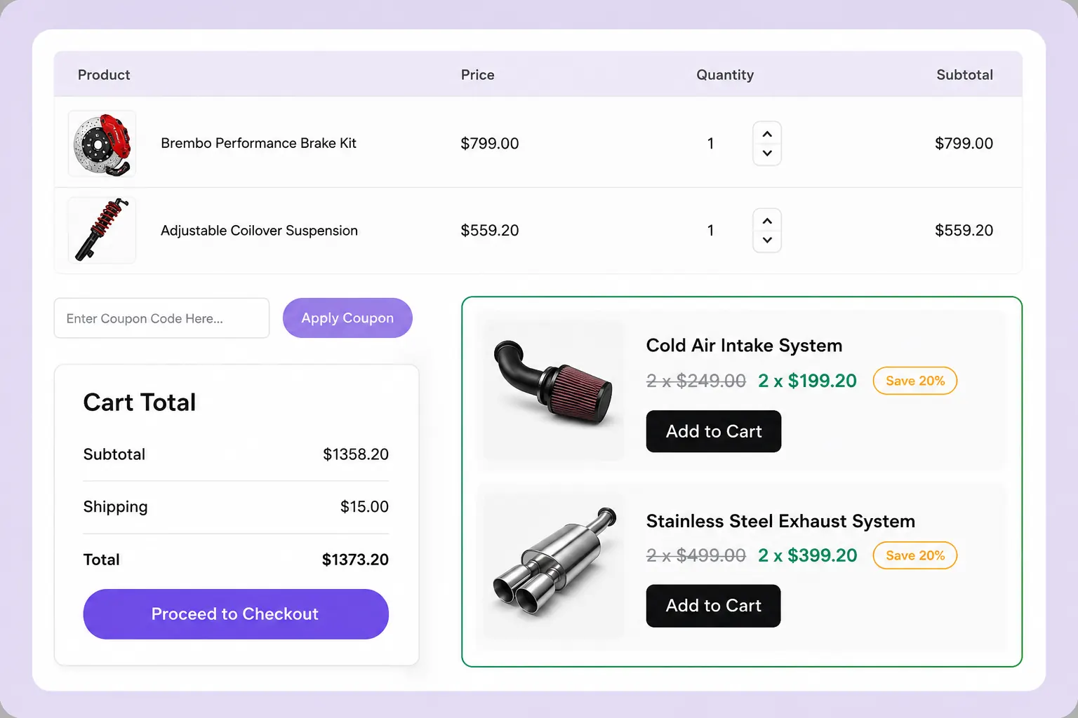Cart page with discount campaign showing save 20% on suggested products