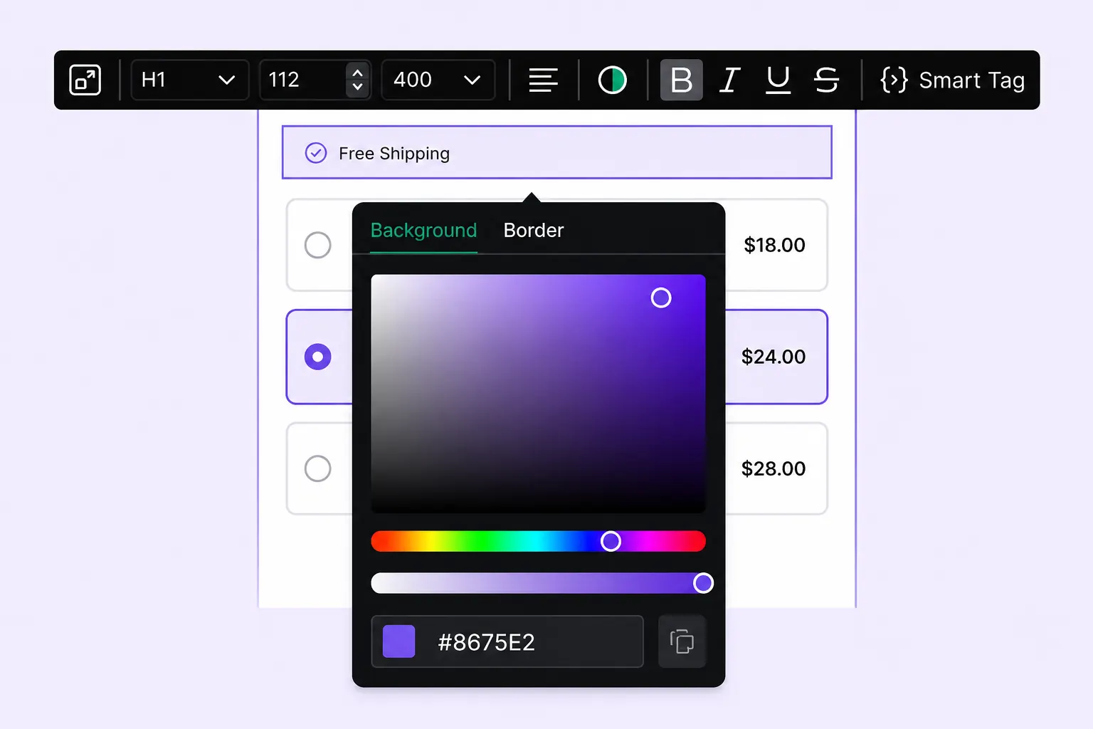 Color picker customizing the appearance of a bulk discount campaign