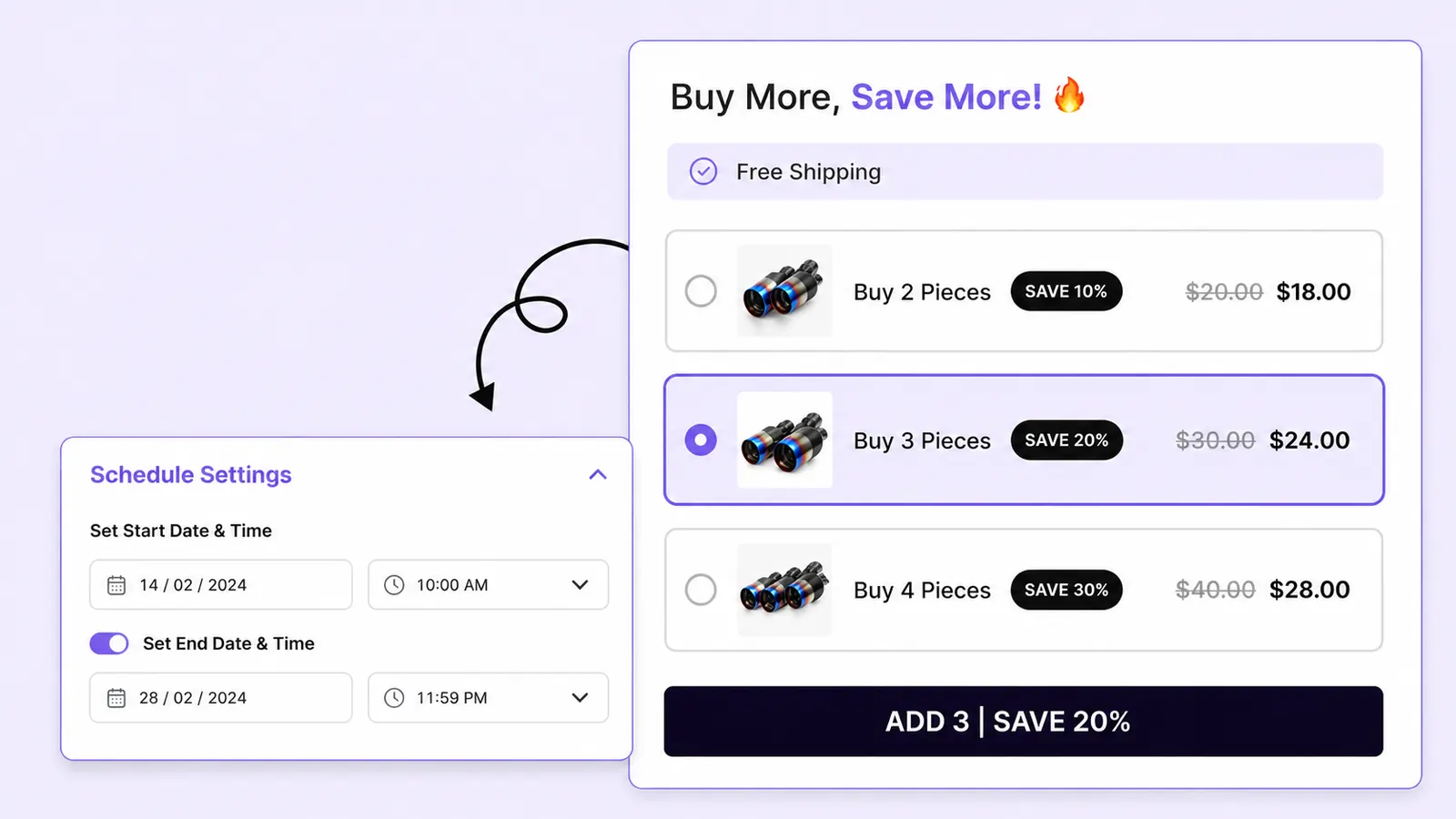 Schedule settings with start and end date pickers for bulk discount campaign