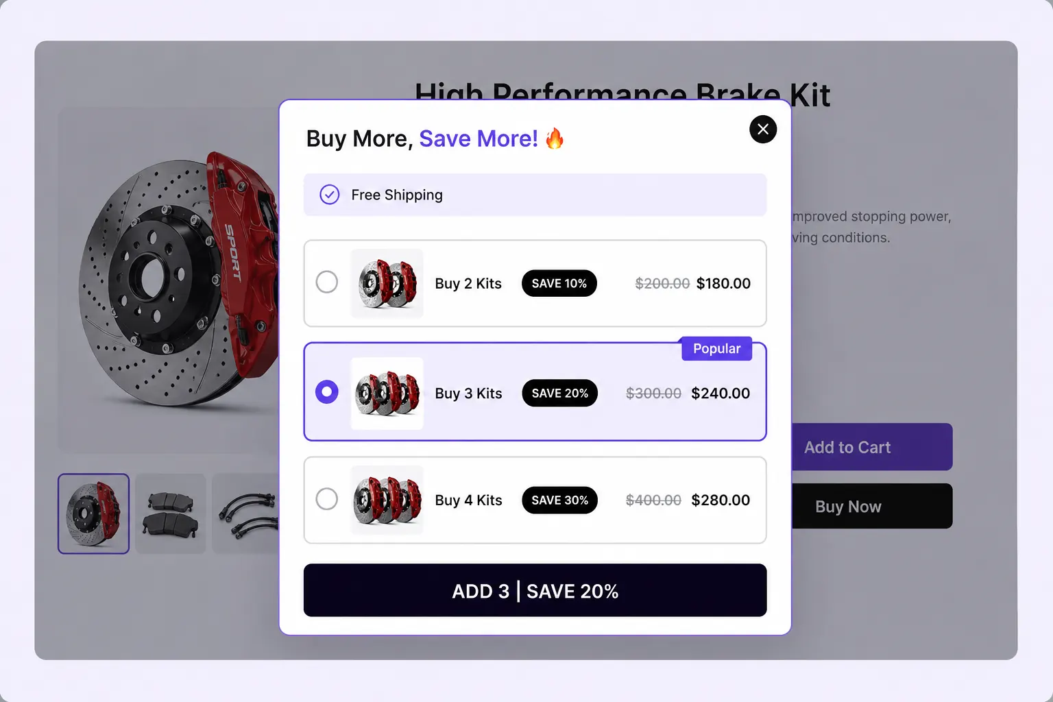 Popup bulk discount overlay on a Shopify storefront