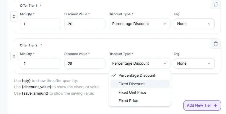 Offer tiers, minimum quantity, discount value, and discount type per row