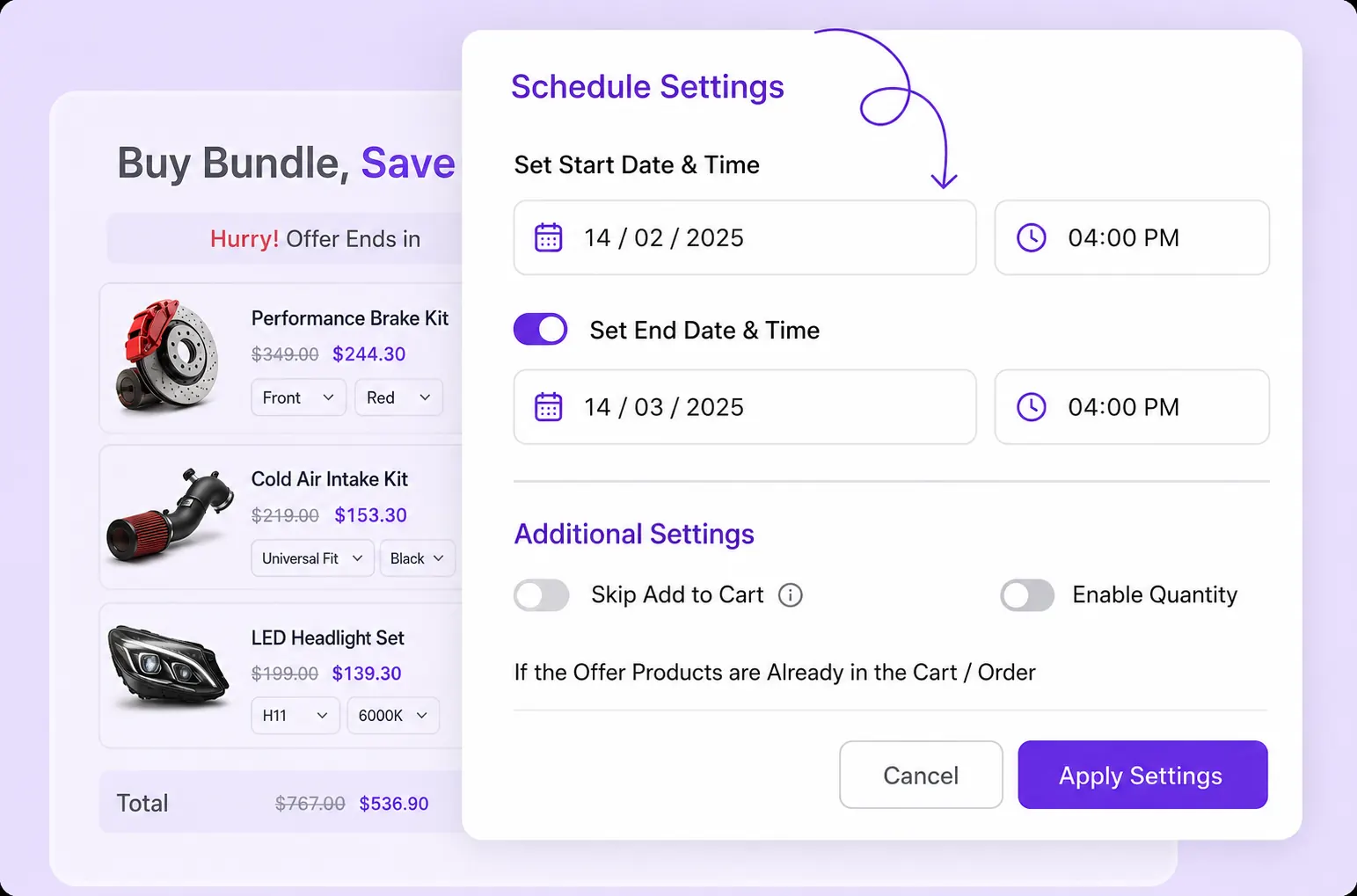 Schedule campaigns settings with start and end date pickers