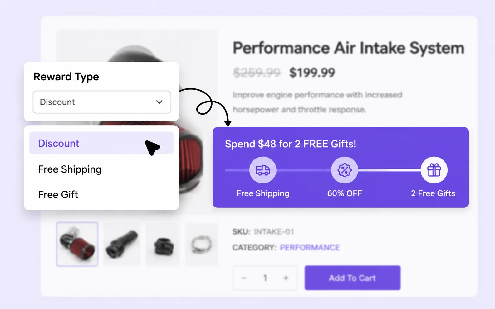 Reward type selector with discount, free shipping, and free gift