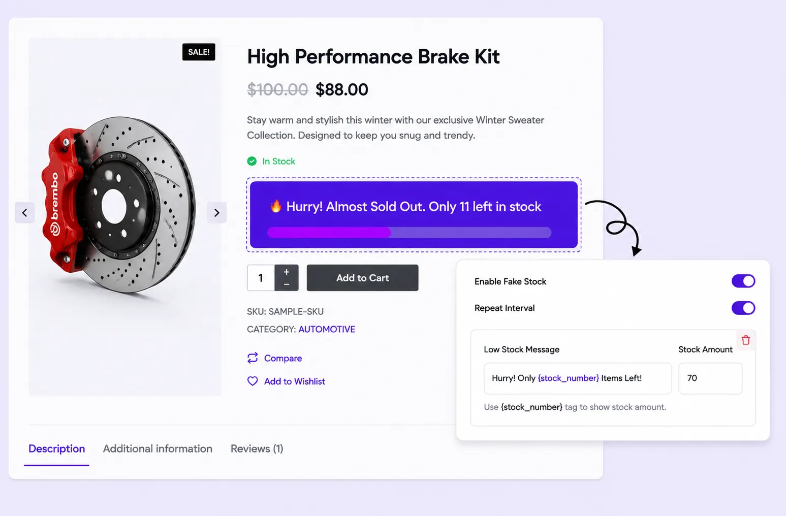 Fake stock counter creating urgency on a product page